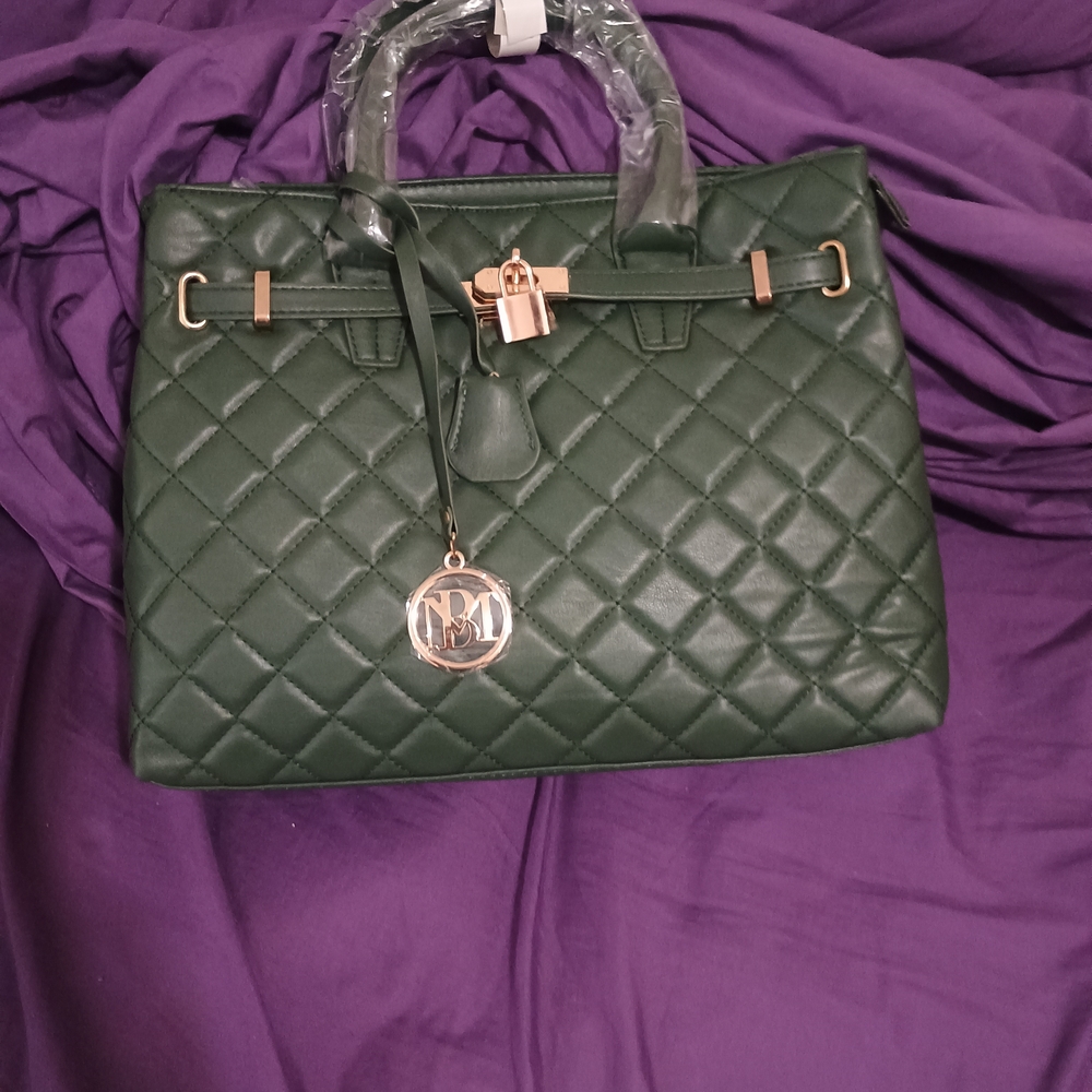 Badgley Mischka Green Quilted Satchel with Metallic Accents